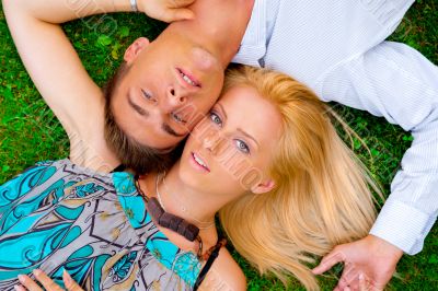 A portrait of a sweet couple in love. Photo from above. Horizont