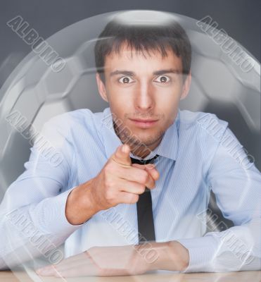 Business Man pressing digital button, futuristic technology Business Man pressing digital button, futuristic technology