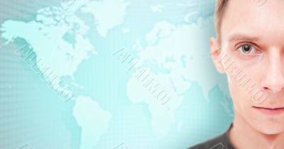 Businessman face in front of an earth map