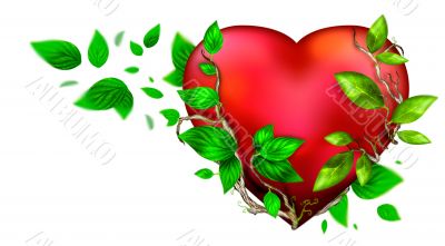 Beautiful bright heart of red color with green leaves floating a