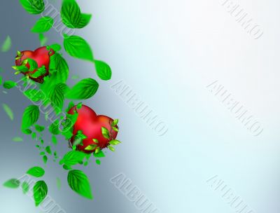 Two Beautiful bright hearts of red color with green leaves float