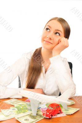 Closeup portrait of young woman deciding between car and aircraf