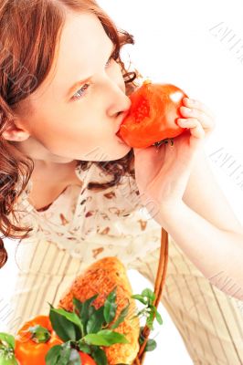 Closeup portrait of young caucasian woman with straw basket of f