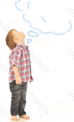 Closeup portrait of little boy dreaming about something.