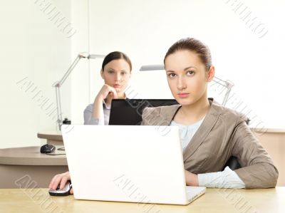 Portrait of two women working at their desks