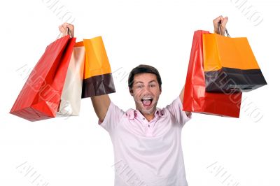Man holding up shopping bags Man holding up shopping bags