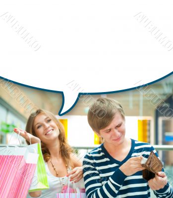 Woman can`t stop shopping at mall, making her man or boyfriend s