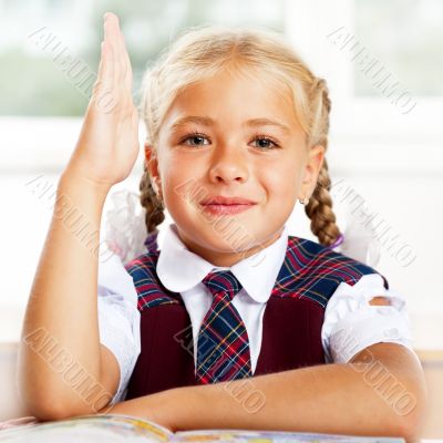 Portrait of a young girl in school at the desk.Horizontal Shot. 