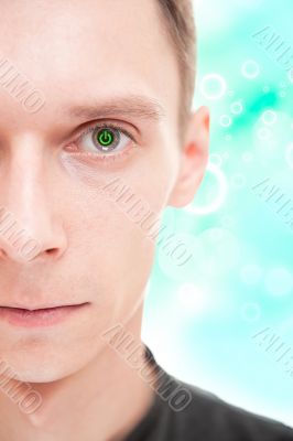 Closeup portrait of half face of young man with power button ins