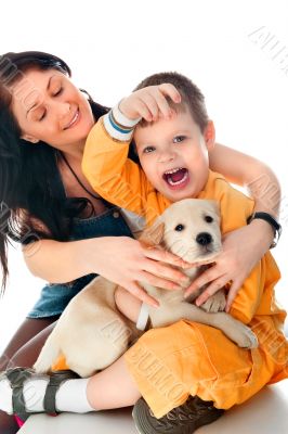 Portrait of a happy family of mother and her son sitting togethe