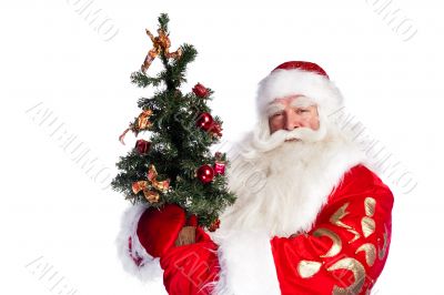 Christmas theme: Santa Claus holding christmas tree and his bag 