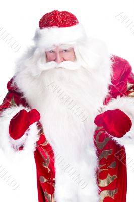 Christmas theme: Santa Claus bowing something from his arms