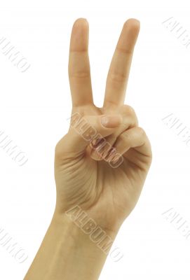 Hand with two fingers up in the peace or victory symbol. Also th