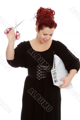  Modern girl with scissors and folder of documents