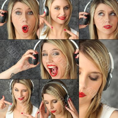 blonde with red lipstick and headset striking poses