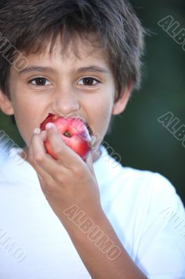 Young boy eating a nectarine