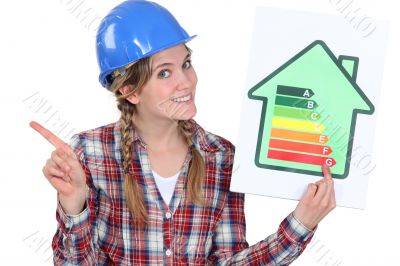 craftswoman holding an energy consumption label