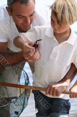 Father and son with a crab on a beach