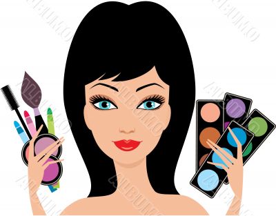 Young beautiful woman with decorative cosmetics in hands