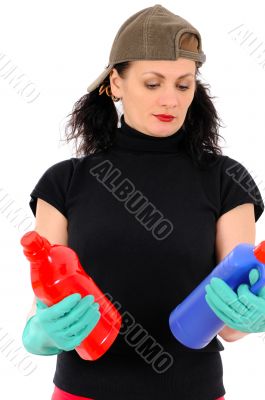 woman with red and blue bottle