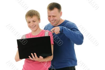 father and son with laptop father and son with laptop