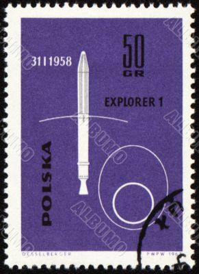 American spaceship Explorer-1 on post stamp