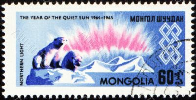 The study of the Northern Light in Arctic on post stamp