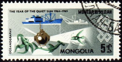 Research ship and bathysphere on post stamp