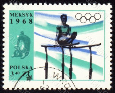 Gymnast on post stamp of Poland