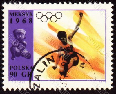 Broad jump on post stamp of Poland
