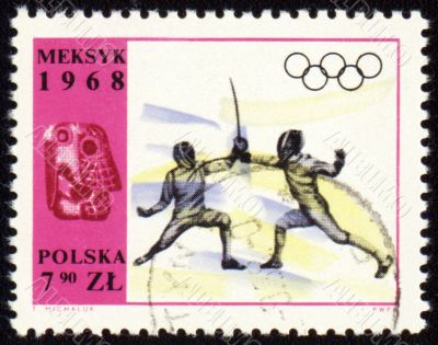Fencing on post stamp of Poland