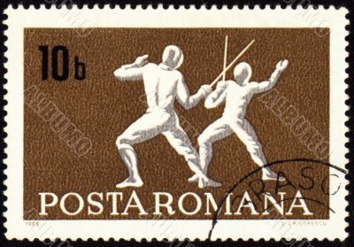 Fencing on post stamp of Romania