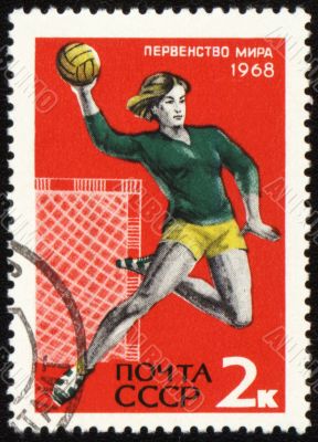 Handball player on post stamp