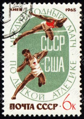 Match Athletics between USSR and USA on post stamp