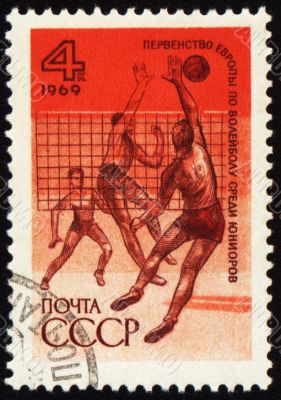 Volleyball competition on post stamp