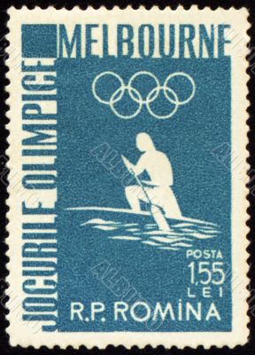 Canoe rowing on post stamp