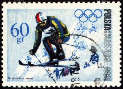Ski jumper on post stamp
