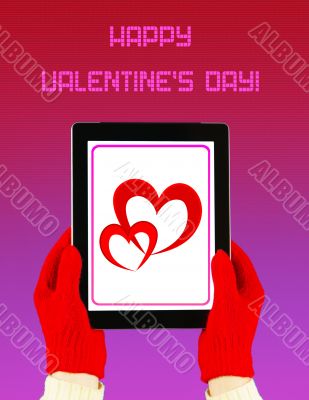 Tablet PC with Valentine`s Day greeting