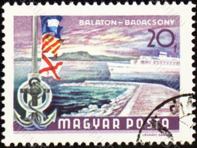 Passenger ship at Balaton lake on post stamp