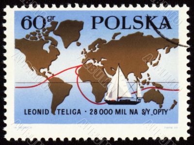 World tour of polish yachtsman Leonid Teliga on post stamp