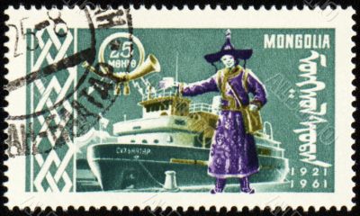 Passenger ship and man in national Mongolian costume on post stamp