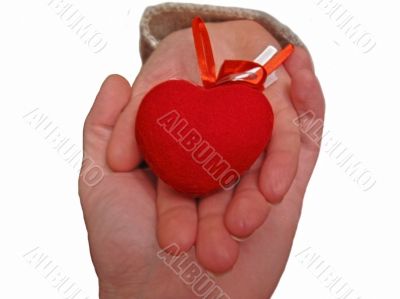 Woman hand hold a Valentine heart with a help of mans hand