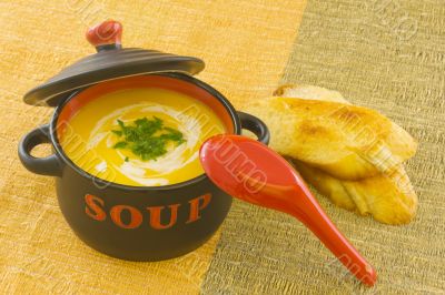 Cup of fresh home made pumpkin soup, with toasted bread 