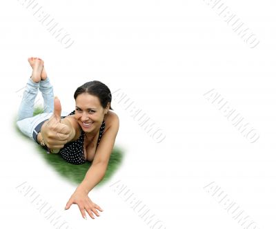 beautiful young woman holds up the finger