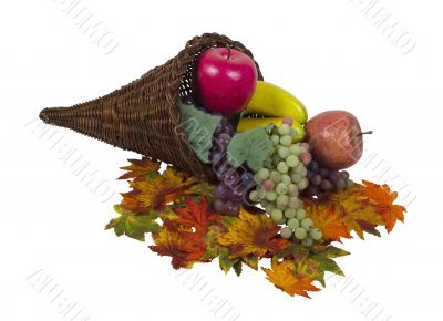 Fall Cornucopia with Colorful Fruit and Leaves