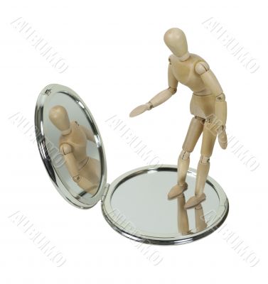 Wooden Model Observing Self in Compact Mirror