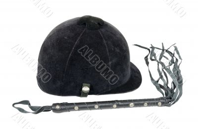 Equestrian Helmet and Leather Whip