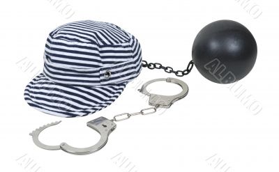 Jailbird Striped Hat with Ball and Chain and Handcuffs