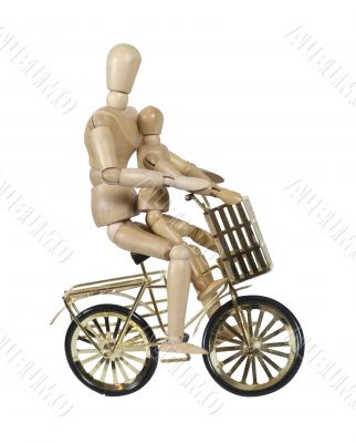 Parent and Child Riding Golden Bicycle with Basket