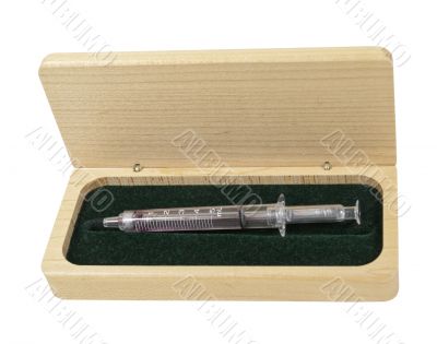 Used Syringe in Wooden Box